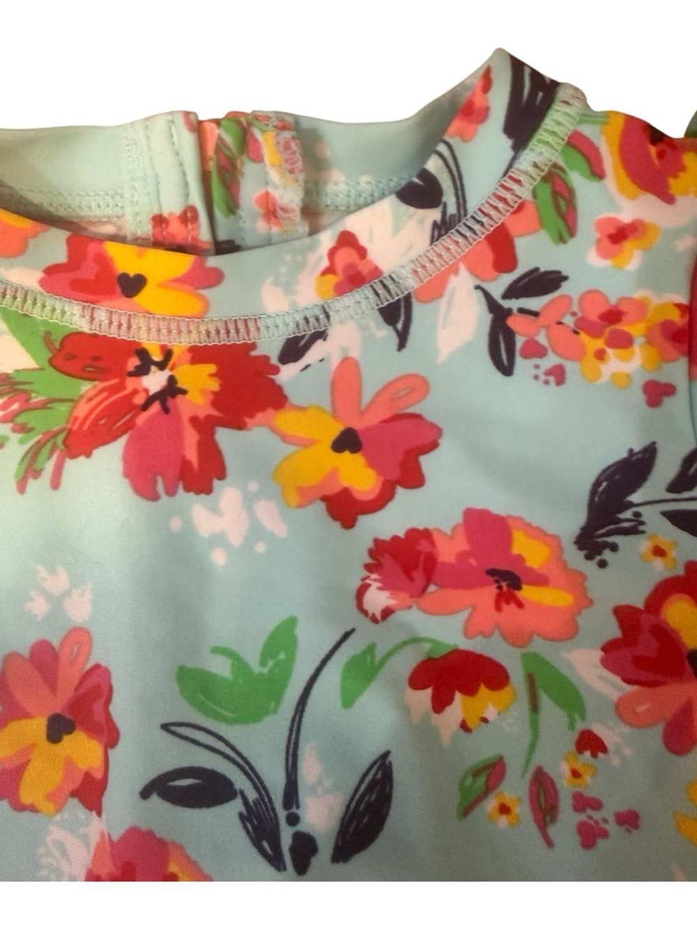 Ruffle Butts Light Blue Floral Long Sleeve Swim Suit with Pink & Yellow Flowers - Picture 8 of 12
